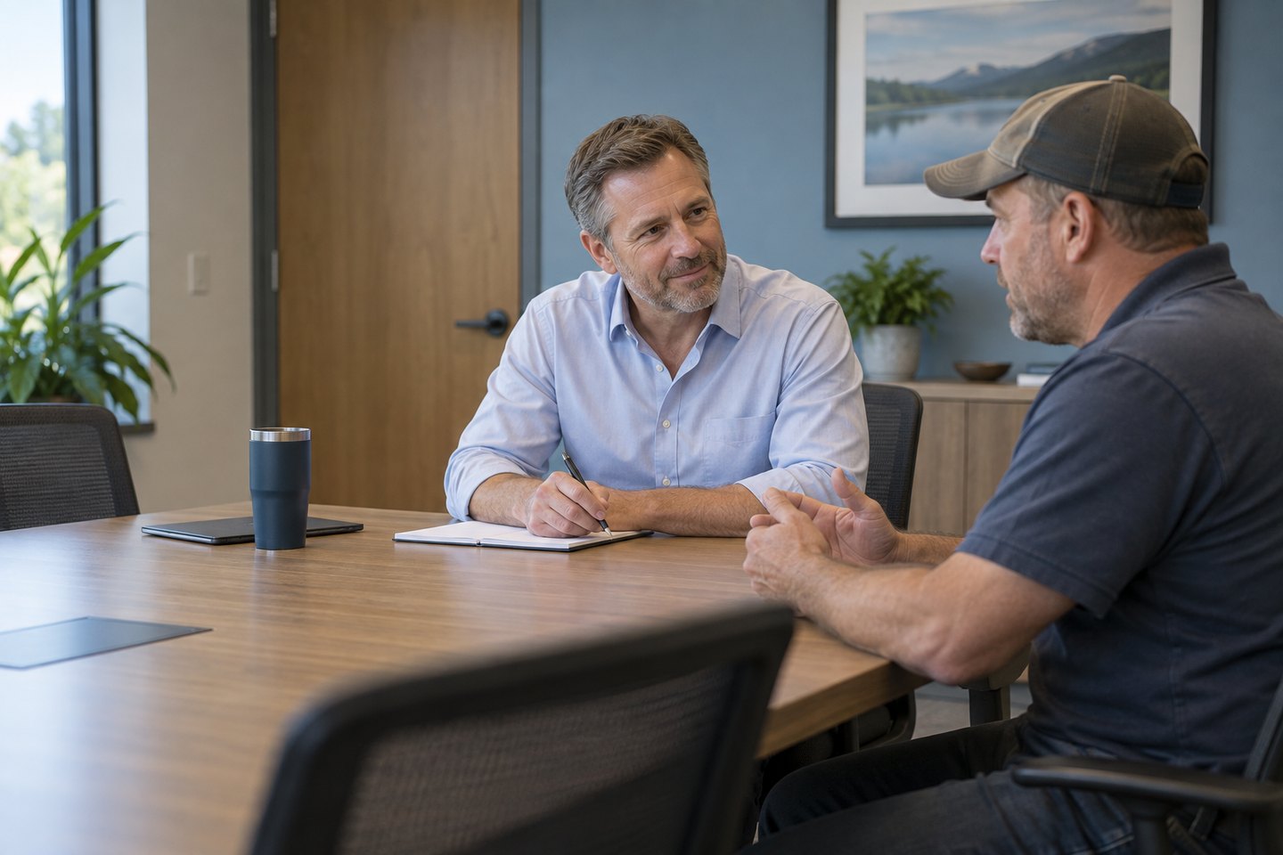 A consultant listens to a prospective client during an initial conversation.