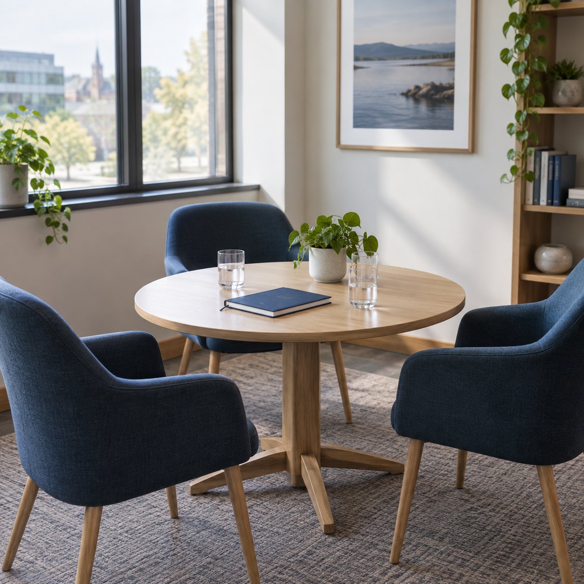 A sunlit meeting room with chairs, a notebook, and water glasses ready for a conversation.