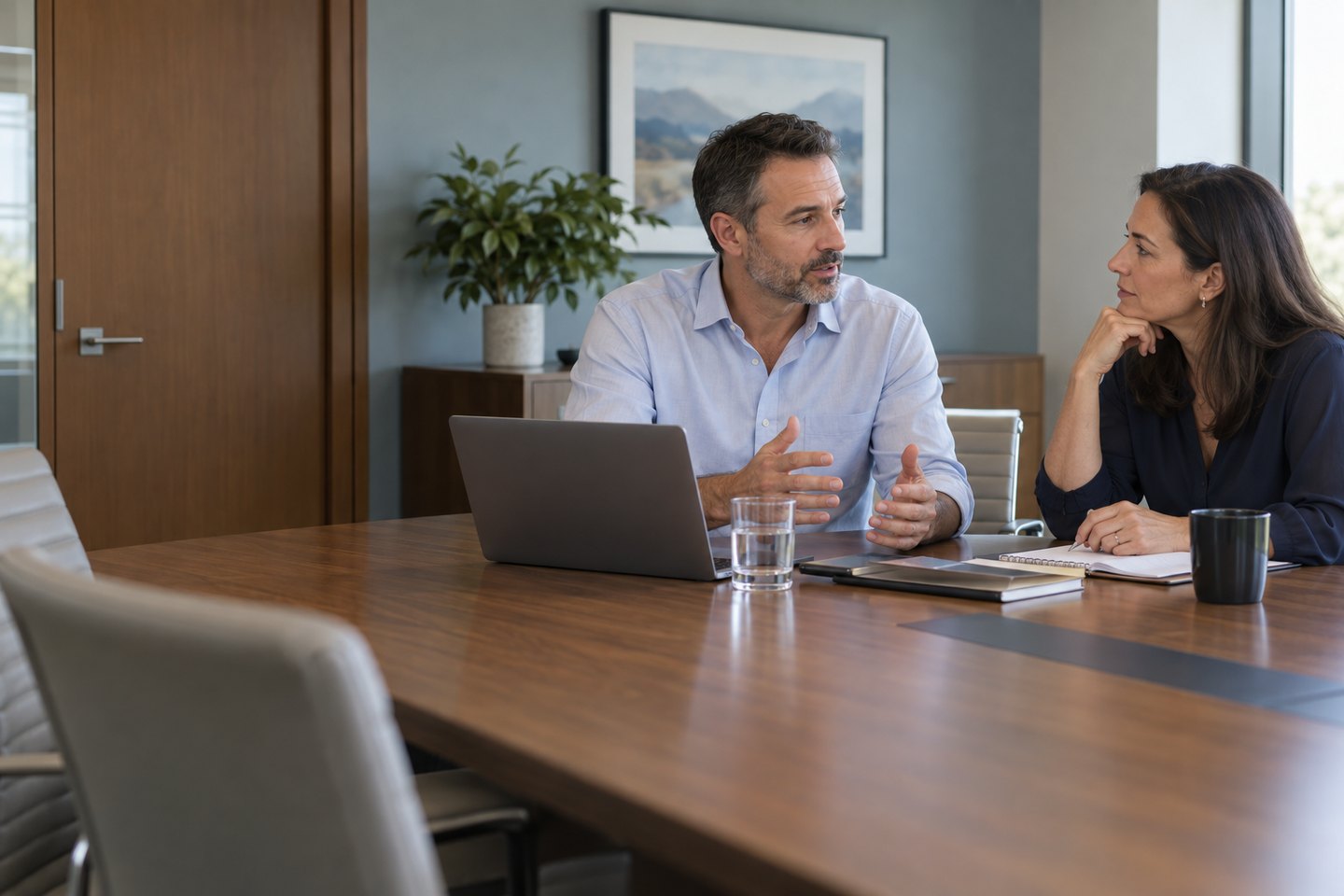 An attorney and a consultant discuss a matter across a meeting table.