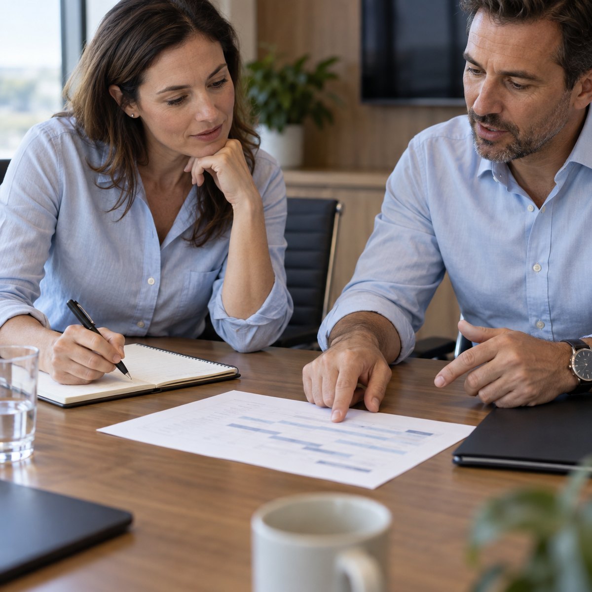 Counsel and a consultant plan an engagement at a conference table.