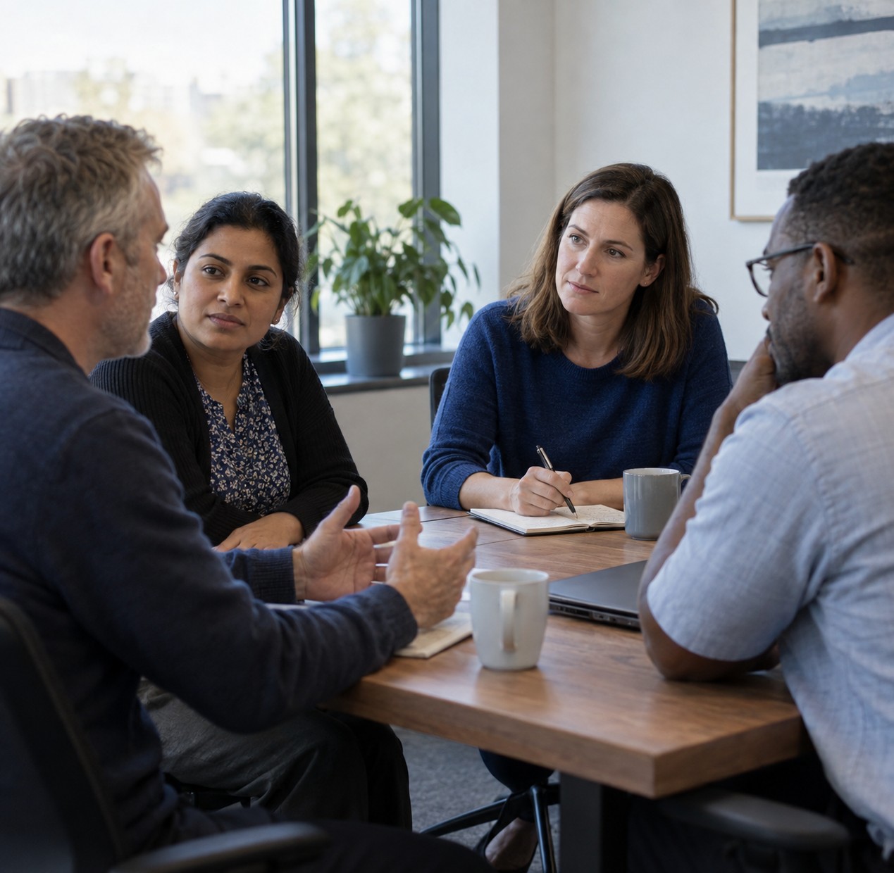 A consultant listens and takes notes while employees discuss their workplace around a table.