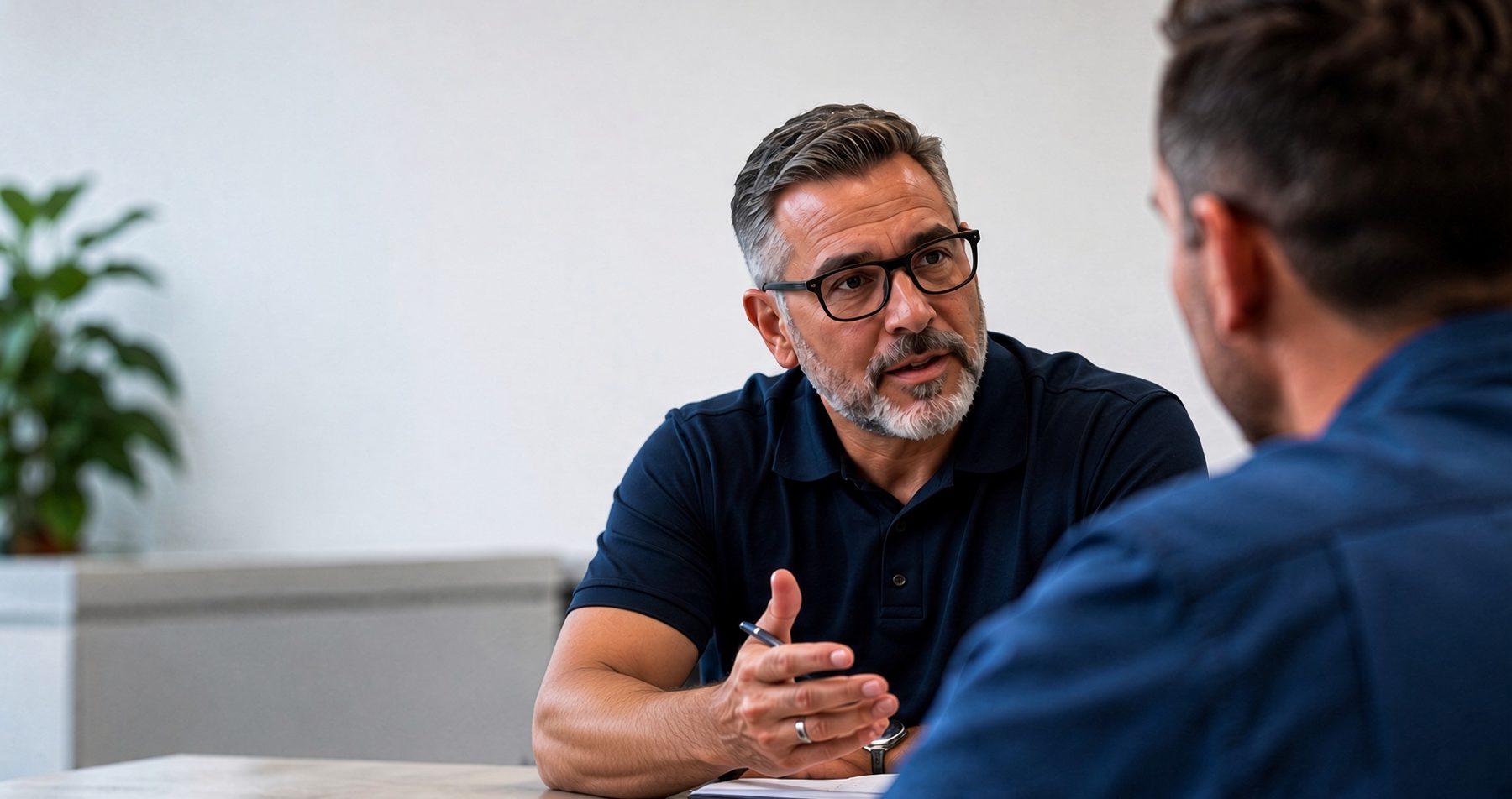 A consultant listens during a confidential workplace conversation.