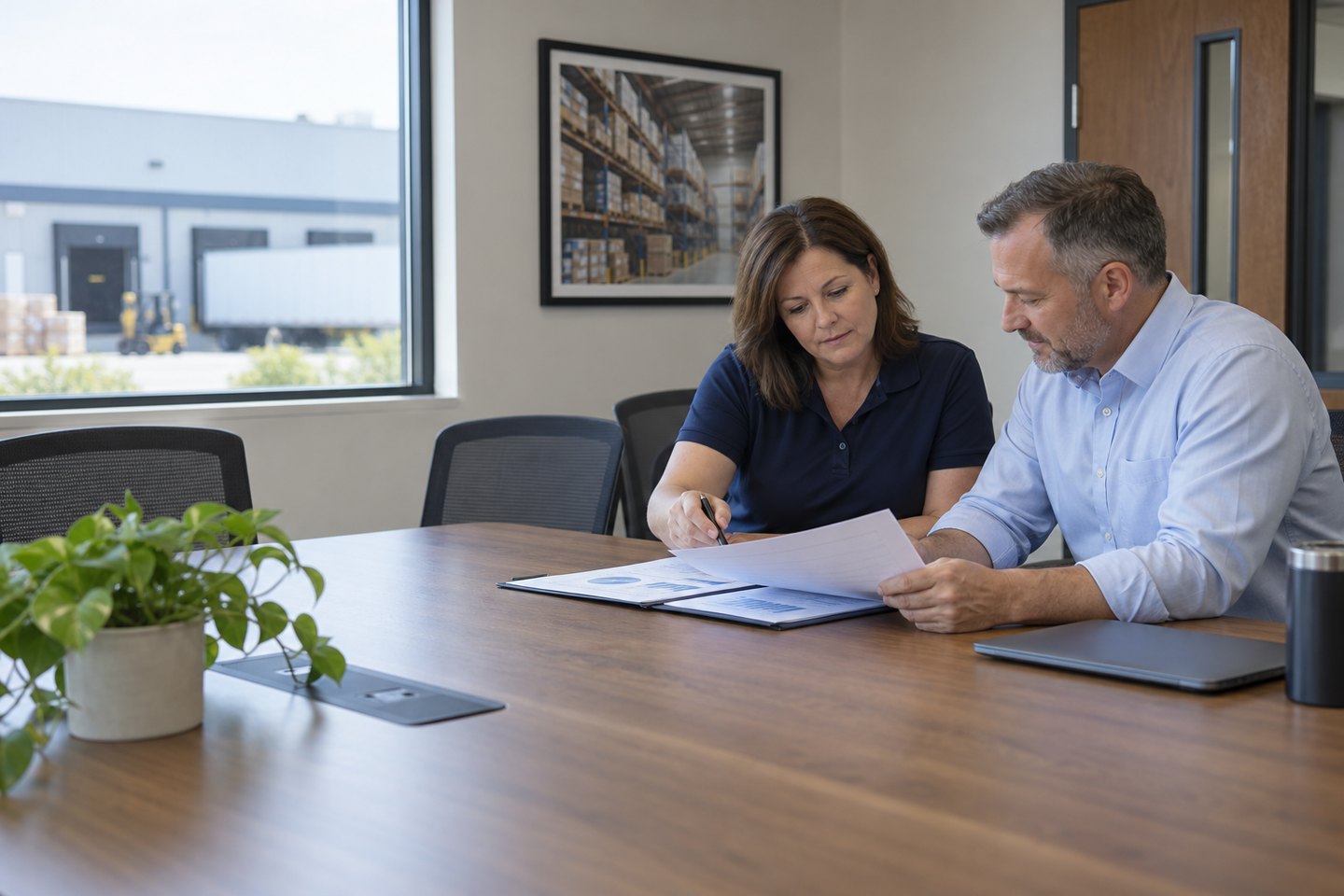 Two executives review a printed report together.