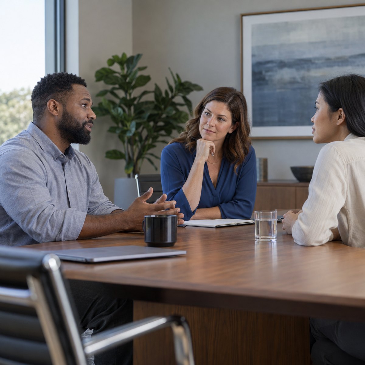 Employees share their perspectives with a consultant in a private meeting room.
