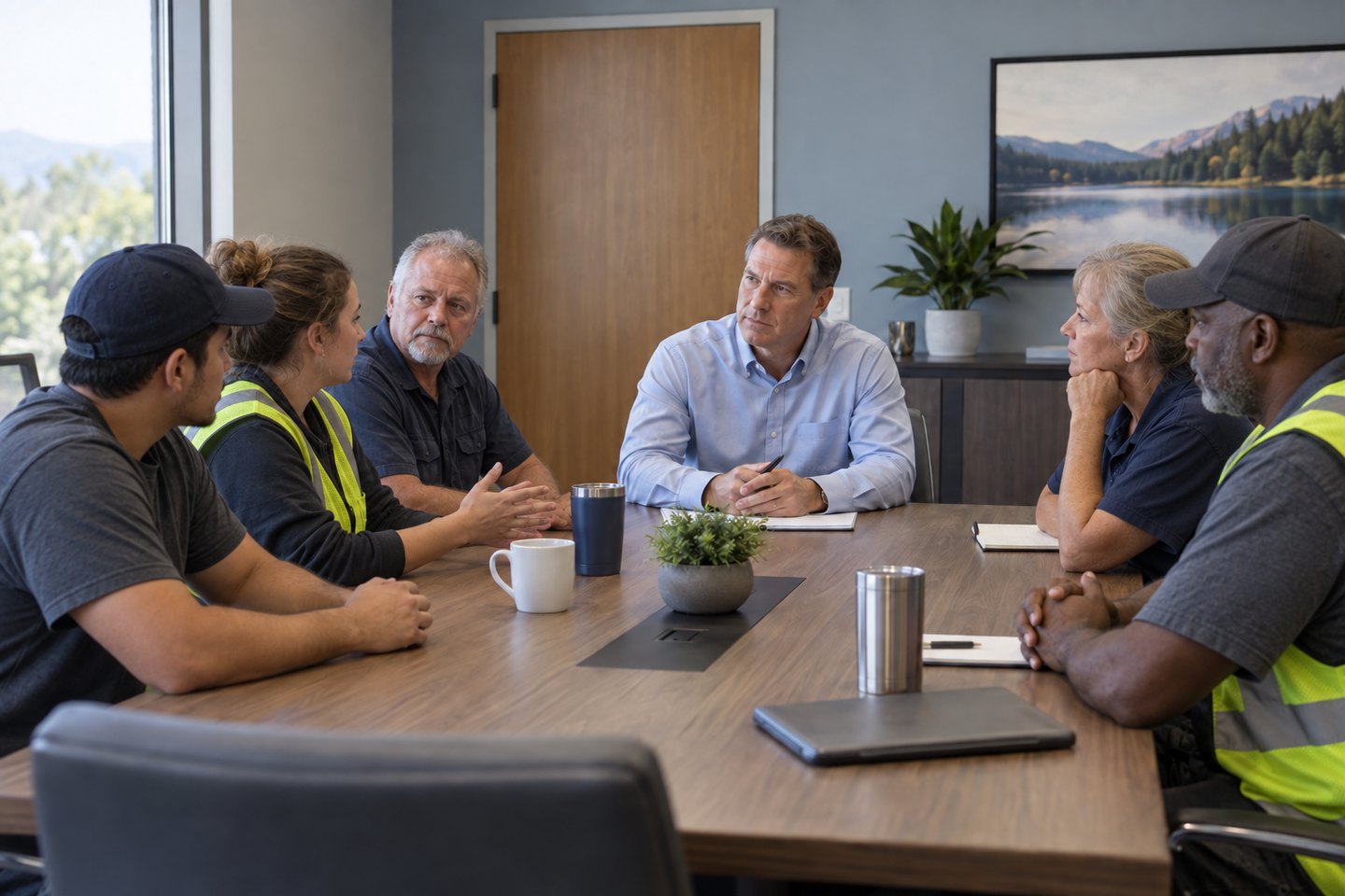 A consultant leads a small group discussion with employees around a meeting table.