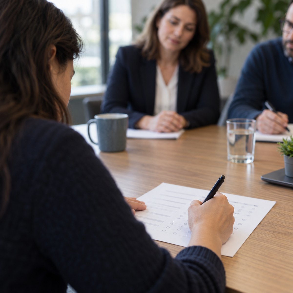 An employee completes a paper questionnaire during a small group meeting.